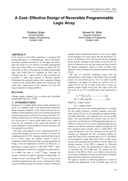 A Cost- Effective Design of Reversible Programmable Logic Array