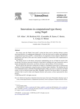 Innovations in Computational Type Theory Using Nuprl