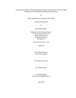 A Performance Guide to Three Representative Electroacoustic Piano Works by Mario Davidovsky, Dan Vanhassel and Peter Van Zandt Lane