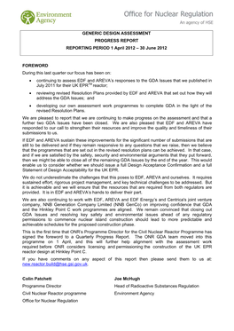 GENERIC DESIGN ASSESSMENT PROGRESS REPORT REPORTING PERIOD 1 April 2012 – 30 June 2012