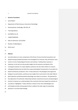 Secrets of Succulence Jamie Males* Department of Plant Sciences, University of Cambridge Downing Street, Cambridge, CB2 3EA, UK