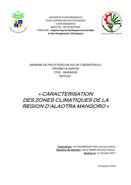 « Caracterisation Des Zones Climatiques De La Region D’Alaotra Mangoro »