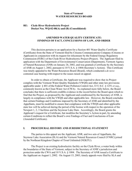 Clyde River Hydroelectric Project Docket Nos. WQ-02-08(A) and (B) (Consolidated)