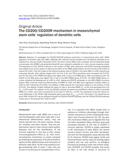 Original Article the CD200/CD200R Mechanism in Mesenchymal Stem Cells’ Regulation of Dendritic Cells