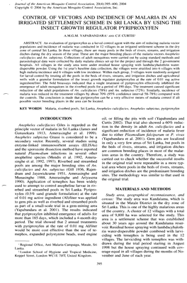 Control of Vectors and Incidence of Malaria in an Irrigated Settlement Scheme in Sri Lanka by Using the Insect Growth Regulator Pyriproxyfen