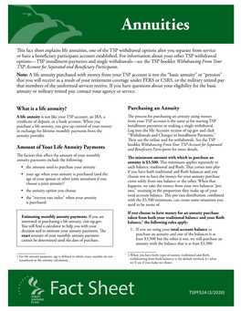 Fact Sheet Explains Life Annuities, One of the TSP Withdrawal Options After You Separate from Service Or Have a Beneficiary Participant Account Established