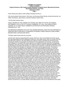 LARAMIE CITY COUNCIL PUBLIC HEARING Original Ordinance 1922, Health & Safety Standards for Mobile Homes, Manufactured Homes