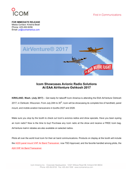 Icom Showcases Avionic Radio Solutions at EAA Airventure Oshkosh 2017