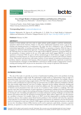 Use of Angle Model to Understand Addition and Subtraction of Fractions Muzwangowenyu Mukwambo 1*, Kenneth Ngcoza 2, Lineo Florence Ramasike 2