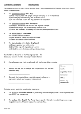 (TOYS) the Following Questions Are Taken from All Breeds in Group 1 and Provide Examples of the T