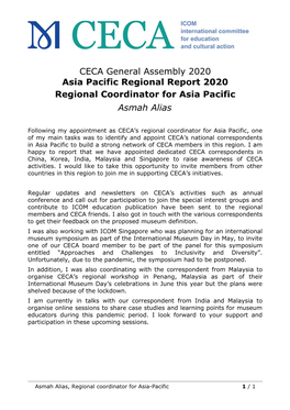 CECA General Assembly 2020 Asia Pacific Regional Report 2020 Regional Coordinator for Asia Pacific Asmah Alias