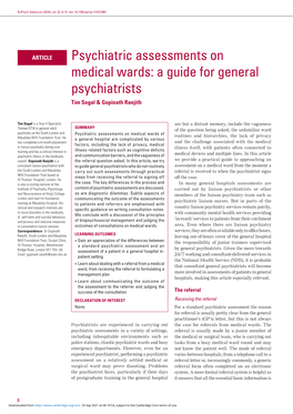 Psychiatric Assessments on Medical Wards: a Guide for General Psychiatrists Tim Segal & Gopinath Ranjith