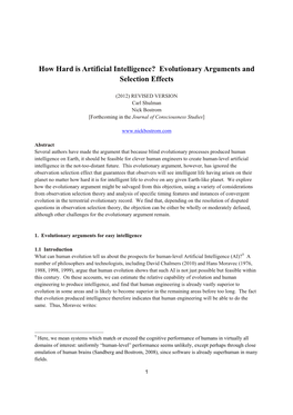 How Hard Is Artificial Intelligence? Evolutionary Arguments and Selection Effects