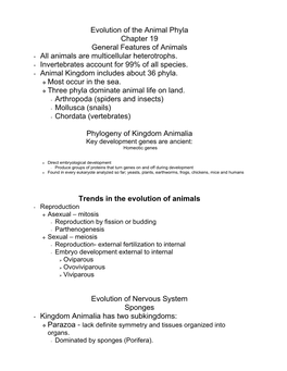 Evolution of the Animal Phyla Chapter 19 General Features of Animals • All Animals Are Multicellular Heterotrophs