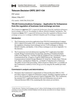TELUS Communications Company – Application for Forbearance from the Regulation of Business Local Exchange Services