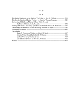 314 the Coodey Family of Indian Territory by Carolyn Thomas Foreman ------323 University of Oklahoma Medical School Crisis Averted by Fred S