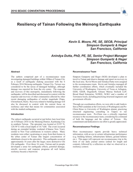 Resiliency of Tainan Following the Meinong Earthquake