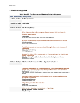 10Th IAASS Conference - Making Safety Happen Date: Wednesday, 15/May/2019 8:30Am - 10:30Am P1: Plenary Session 1