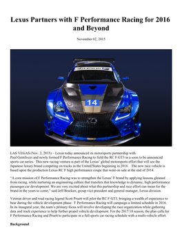 Lexus Partners with F Performance Racing for 2016 and Beyond