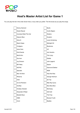 Host's Master Artist List for Game 1