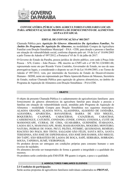 Convocatória Pública Dos Agricultores Familiares Locais Para Apresentação De Proposta De Fornecimento De Alimentos Ao Paa Estadual