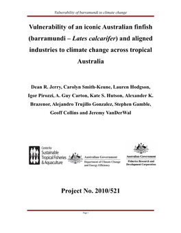 Vulnerability of an Iconic Australian Finfish (Barramundi – Lates Calcarifer) and Aligned Industries to Climate Change Across Tropical