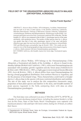 ABSTRACT. Abracris Dilecla Walker, 1870 (Olthoptera, Acrididae, Ommatolampi- Nae) Ate Leafs of at Least 14 Plant Species, In