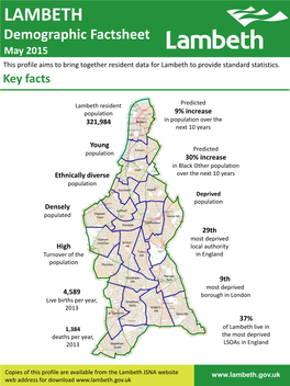 LAMBETH Demographic Factsheet May 2015 This Profile Aims to Bring Together Resident Data for Lambeth to Provide Standard Statistics