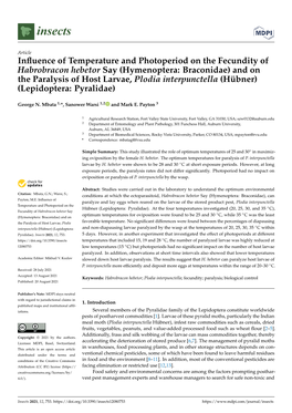 Hymenoptera: Braconidae) and on the Paralysis of Host Larvae, Plodia Interpunctella (Hübner) (Lepidoptera: Pyralidae