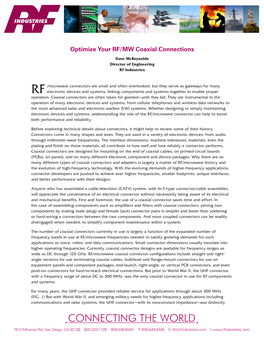 Optimize Your RF/MW Coaxial Connections Dave Mcreynolds Director of Engineering RF Industries