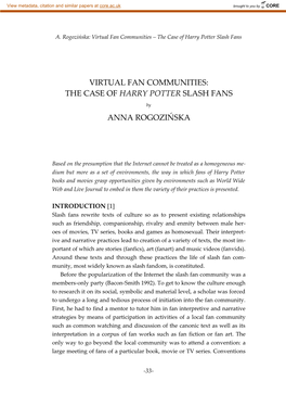 Virtual Fan Communities – the Case of Harry Potter Slash Fans