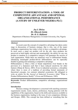 Product Differentiation: a Tool of Competitive Advantage and Optimal Organizational Performance (A Study of Unilever Nigeria Plc)