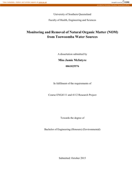 Monitoring and Removal of Natural Organic Matter (NOM) from Toowoomba Water Sources