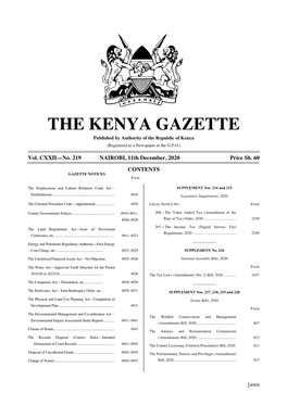 THE KENYA GAZETTE Published by Authority of the Republic of Kenya (Registered As a Newspaper at the G.P.O.)