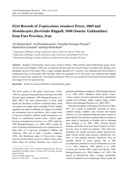 First Records of Tropiocolotes Steudneri Peters, 1869 and Hemidactylus Flaviviridis Rüppell, 1840 (Sauria: Gekkonidae) from Fars Province, Iran