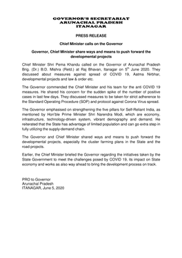 PRESS RELEASE Chief Minister Calls on the Governor Governor, Chief