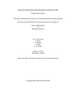 Expression and Function of the Chloroplast-Encoded Gene Matk