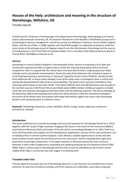 Architecture and Meaning in the Structure of Stonehenge, Wiltshire, UK Timothy Darvill