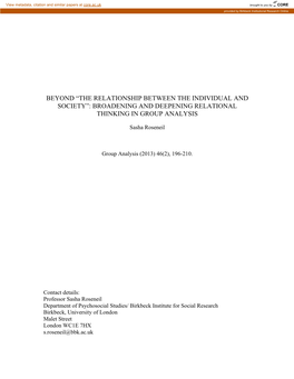 The Relationship Between the Individual and Society”: Broadening and Deepening Relational Thinking in Group Analysis