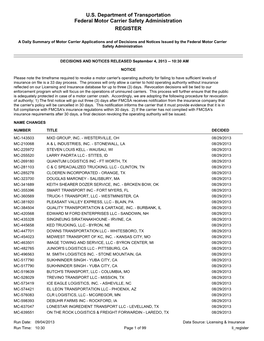 U.S. Department of Transportation Federal Motor Carrier Safety Administration REGISTER