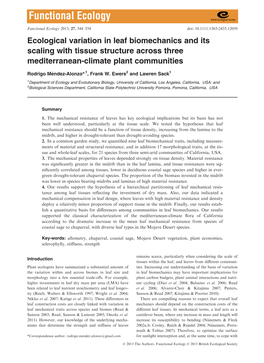 Ecological Variation in Leaf Biomechanics and Its Scaling with Tissue Structure Across Three Mediterraneanclimate Plant Communit