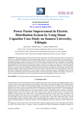 Power Factor Improvement in Electric Distribution System by Using Shunt Capacitor Case Study on Samara University, Ethiopia