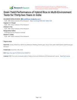 Grain Yield Performance of Hybrid Rice in Multi-Environment Tests for Thirty-Two Years in India