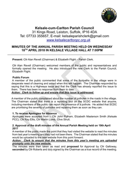 Kelsale-Cum-Carlton Parish Council 31 Kings Road, Leiston, Suffolk, IP16 4DA Tel: 07733 355657, E-Mail: Kelsaleparishclerk@Gmail.Com