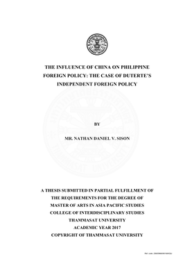 The Influence of China on Philippine Foreign Policy: the Case of Duterte’S Independent Foreign Policy