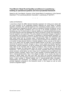 Yves Mersch: Basel III and Liquidity Surveillance in Luxembourg – Building an Operational Systemic and Micro-Prudential Framework