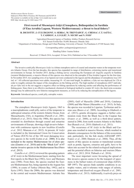 First Record of Mnemiopsis Leidyi (Ctenophora, Bolinopsidae) in Sardinia (S’Ena Arrubia Lagoon, Western Mediterranean): a Threat to Local Fishery? R