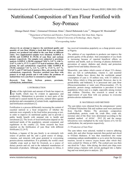 Nutritional Composition of Yam Flour Fortified with Soy-Pomace