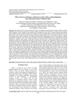 Effect of Green and Degree of Roasted Arabic Coffee on Hyperlipidemia and Antioxidant Status in Diabetic Rats