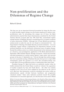 Non-Proliferation and the Dilemmas of Regime Change 7 Non-Proliferation and The